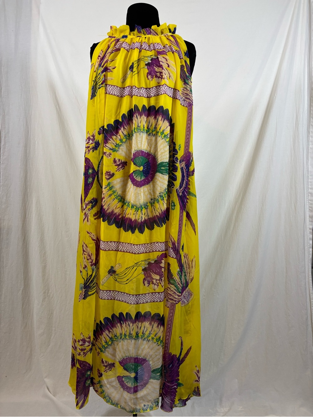 Yellow Graphic Feather Maxi Dress L Boho Resort Festival Maximalist Statement